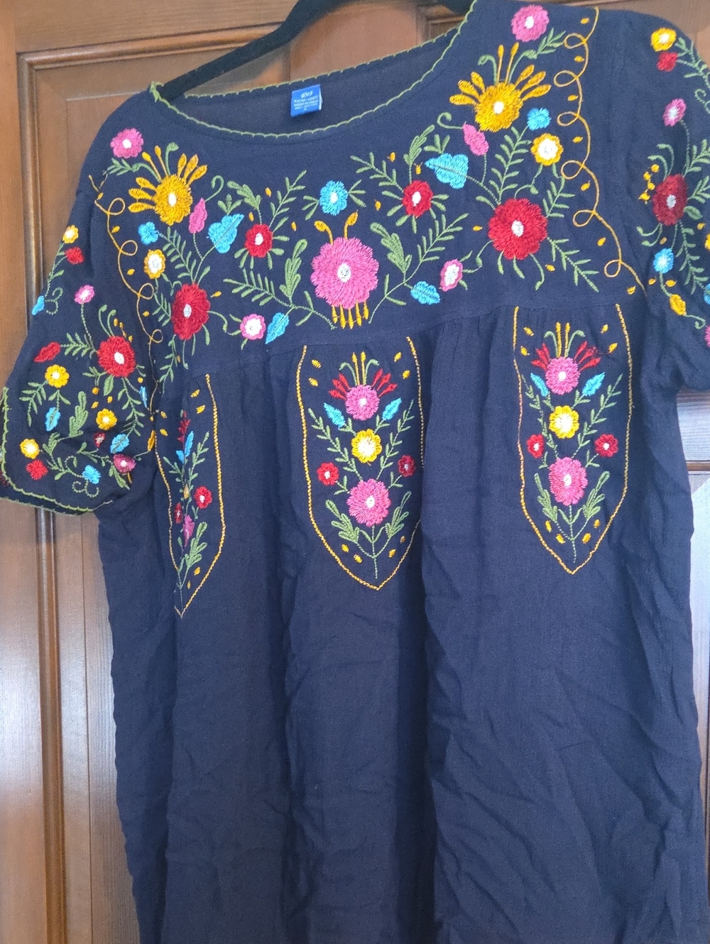 Womens Navy Floral Embroidered Peasant Top